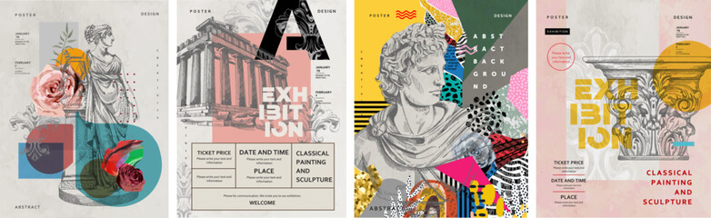 Exhibition, classics and antiquity. Vector illustrations of abstract shapes, ancient greek column, ancient ruins, goddess sculpture and bust for background, flyer or poster