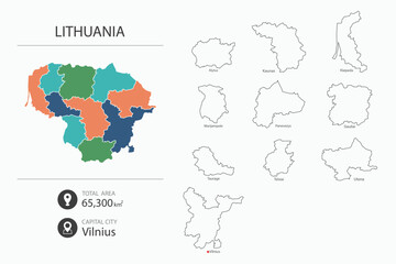  Map of Lithuania with detailed country map. Map elements of cities, total areas and capital.