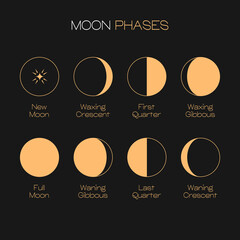 Wall Mural - moon phases scheme sphere shadow cycle astronomy icon set. vector illustration background