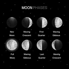 Wall Mural - moon phases scheme sphere shadow cycle astronomy icon set. vector illustration background