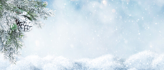 Wall Mural - beautiful winter landscape with snovy fir tree branches and cones in snowy forest. christmas and new
