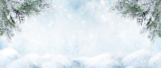 Wall Mural - beautiful winter landscape with snovy fir tree branches and cones in snowy forest. christmas and new