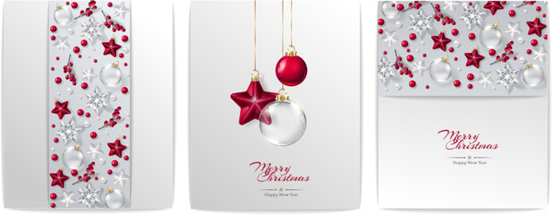 Wall Mural - Christmas decorative border and background made of festive decoration elements. New Year concept. White and red color