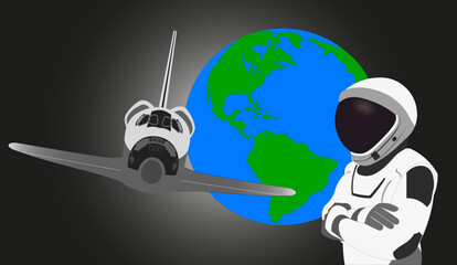 Wall Mural - space astronaut in new space suit in a front of space shuttle flight and earth planet. vector illust