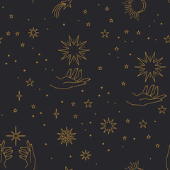 Wall Mural - Seamless pattern with constellations. Sun, moon, magic hands and stars. Mystical esoteric background for design. Astrology magical vector.