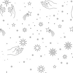 Wall Mural - Seamless pattern with constellations. Sun, moon, magic hands and stars. Mystical esoteric background for design. Astrology magical vector.