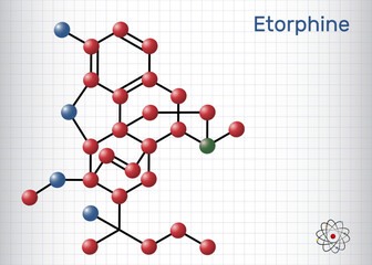 Canvas Print - Etorphine,  M99 molecule. It is morphinane alkaloid, opioid analgesic, sedative only for veterinary use. Structural chemical formula, molecule model. Sheet of paper in a cage