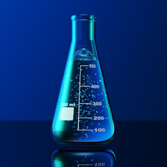 Wall Mural - glass chemistry lab equipment on blue background. chemistry lab concept. 3d