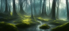 Forest With A Stream Running Through It, Artistic Visual Illustration Background Wallpaper. Digital Art Illustration.