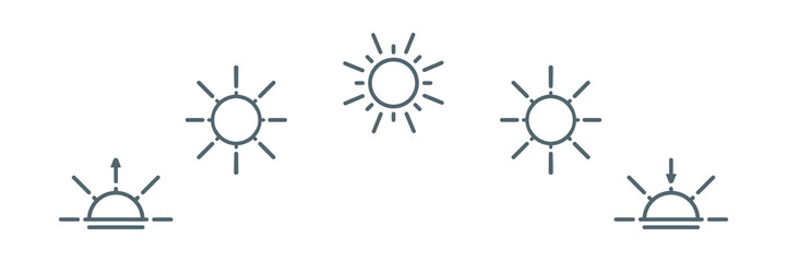 Daytime or Day cycle line icon set. Sun position Changing. Movement path sun. Clock with the time of day. Natural phenomenon. Sunshine Sunrise Sunset. Vector illustration