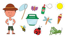 Set Of Children Catching Insects. Children Summer Vacation Insects Collection And Bugs Hunting Equipments . Vector Illustration In A Flat Style On A White Background. All Objects Are Isolated