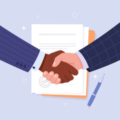 Poster - Handshake. Vector cartoon illustration of male hands in business suits shaking each other on the background of a signed contract