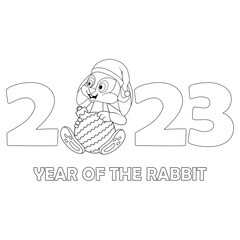 Wall Mural - Colorless cartoon Rabbit with christmas ball sitting among 2023. Black and white template page for coloring book. Black contour silhouette Hare as symbol of New Year. Worksheet, Greeting card for kids