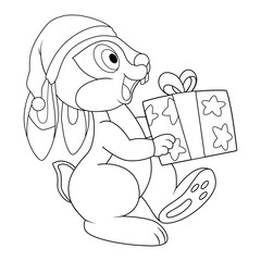 Wall Mural - Colorless cartoon Rabbit in santa hat carry present box for celebration party. Black and white template page for coloring book with Bunny as symbol of 2023 Chinese New Year. Greeting card for kids.