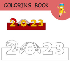 Wall Mural - Coloring book with cartoon Rabbit ears and Santa claus hat on numbers 2023. Colorless and color example Hare on coloring page. Worksheet, Greeting card, Antistress coloring with new year art for kids.