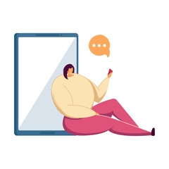 Wall Mural - tiny young girl with smartphone, tablet flat vector illustration. modern demography, social media, y