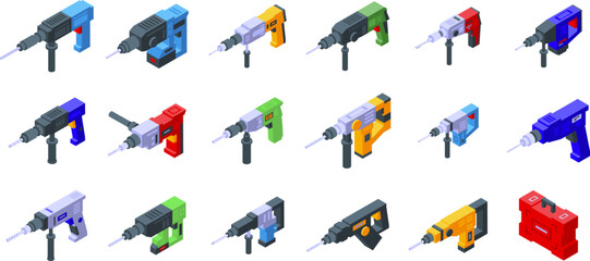 Poster - electric hammer drill icons set isometric vector. construction drill. concrete hammer