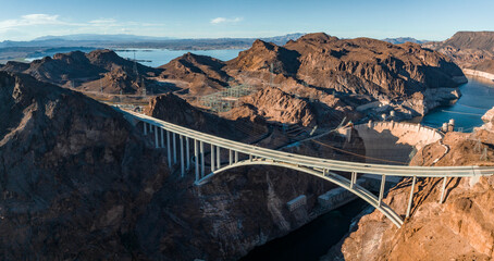 Aerial view of the Hoover Dam in United States. Hydroelectric power station on the border of Arizona and Nevada.