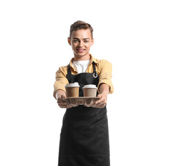 Wall Mural - Handsome barista with cups of coffee on white background