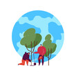 People growing trees together. Reforestation, protection of planet flat vector illustration. Reforestation, environmental agriculture concept for banner, website design or landing web page