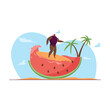 Tiny surfer enjoying holiday. Flat vector illustration. Cartoon friends resting, surfing, sunbathing around and in giant watermelon. Holiday concept