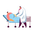 Patient lying in hospital bed with dropper. Professionals providing care and support flat vector illustration. Healthcare, intensive therapy concept for banner, website design