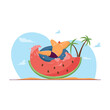 Tiny man enjoying holiday. Flat vector illustration. Cartoon friends resting, surfing, sunbathing around and in giant watermelon. Holiday, surfing, ocean, beach, fruit concept