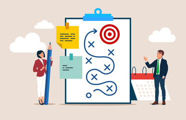 Business people working with  plan on paper. Strategy, marketing, business development. Flat vector illustration.