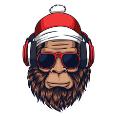 Wall Mural - Bigfoot head season christmas wearing a headphone vector illustration