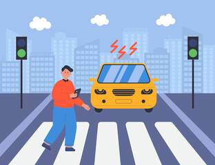 Pedestrian walking on crosswalk and looking at phone screen. Careless man violating traffic rules flat vector illustration. Alert, road safety, crosswalk accident concept