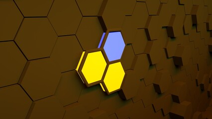 Canvas Print - Digital generated technology hexagon background.Glossy textured blue hexagons with yellow glow.Modern futuristic background 3d illustration. Pattern hexagon background abstract Ukrainian flag