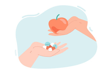 Wall Mural - Hands holding medicines and apple. Fruit versus pills, choice in nutrition of person flat vector illustration. Healthy vs unhealthy lifestyle concept for banner, website design or landing web page