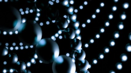 Poster - Balls move in lines in space. Design. Chains of balls move in space on black background. Metal balls move in lines in web