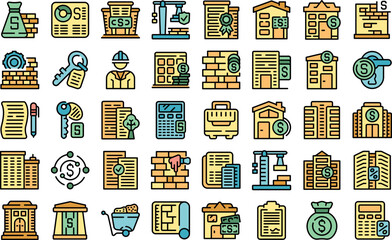 Wall Mural - Building subsidy icons set outline vector. Finance public. Aid budget color flat isolated