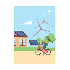 Poster - Woman on bike in front of house with solar panels on roof. Windmills, eco friendly car in village flat vector illustration. Sustainable energy, smart technology concept for banner, website design