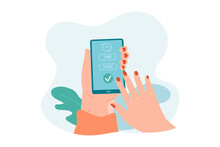 Hands holding phone in hands and setting alarm or timer. Woman using smartphone app for time control flat vector illustration. Time management, countdown, measurement concept