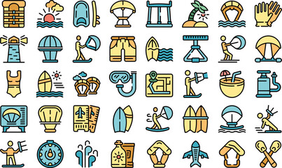 Poster - kitesurfing icons set outline vector. sport kite. active board color flat isolated