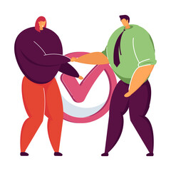 Poster - Business team realizing plan, achieving goal. Flat vector illustration. Tiny people, workers checking giant checkmark, making checklist done. Job, plan, teamwork, business concept for banner design