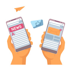 Poster - Web news and online communication. Flat vector illustration. Two hands holding smartphones with notifications and online newspaper on screen. Social media, journalism