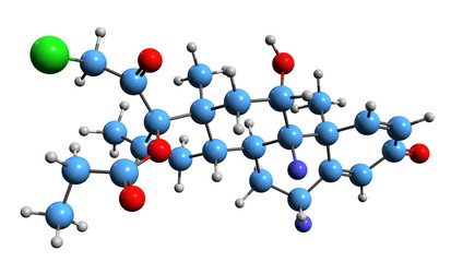 Poster -  3D image of Ulobetasol propionate skeletal formula - molecular chemical structure of synthetic glucocorticoid corticosteroid halobetasol propionate isolated on white background
