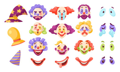 Wall Mural - Funny cartoon clown faces and elements vector illustrations set. Facial expressions of clown characters, eyes, mouths, hats isolated on white background. Circus, emotions, entertainment concept
