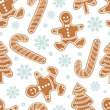 Gingerbread Man, Christmas Tree, Candy Cane Cookies And Blue Snowflakes Seamless Pattern