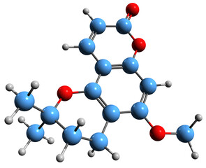 Wall Mural -  3D image of alloxantoxyletin skeletal formula - molecular chemical structure of coumarins phytochemical isolated on white background
