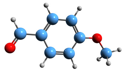 Poster -  3D image of 4-Anisaldehyde skeletal formula - molecular chemical structure of 4-Methoxybenzenecarbaldehyde isolated on white background
