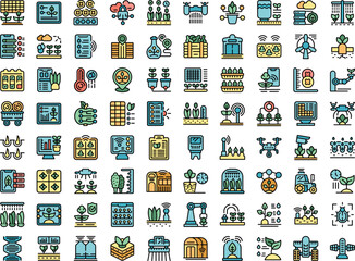 Poster - automated farming icons set outline vector. modern drone. drone farming color flat isolated