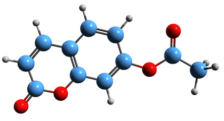 Wall Mural - 3D image of 7-Acetoxycoumarin skeletal formula - molecular chemical structure of 7-O-Acetylcoumarin isolated on white background
