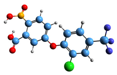 Poster -  3D image of Acifluorfen skeletal formula - molecular chemical structure of  herbicide isolated on white background
