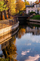 Poster - Morning in Bruges. Old houses on the banks of the canal	