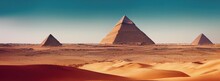 Egyptian Pyramid In African Sand Desert. Giant Pharaoh Dynasty Tomb In Giza Cairo City. Old Civilization History In Famous Monument