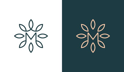 Initial Letter M Leaf Flower Logo Concept icon sign symbol Element Design. Floral, Herbal, Natural Products, Cosmetics, Ecology, health Care, spa Logotype. Vector illustration template